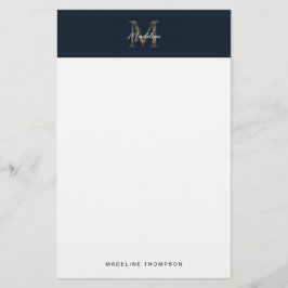 Minimalist Script Metallic Navy Blue Gold Monogram Brevpapper