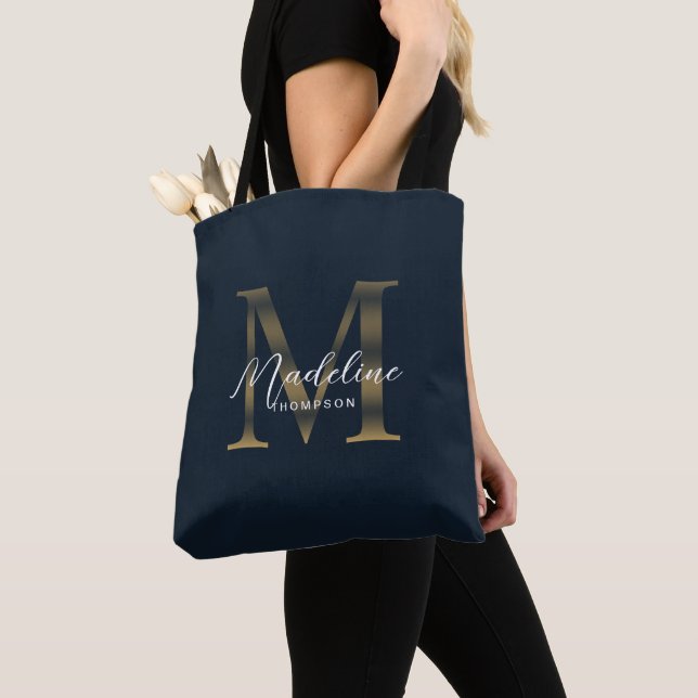 Minimalist Script Metallic Navy Blue Gold Monogram Tygkasse (Närbild)