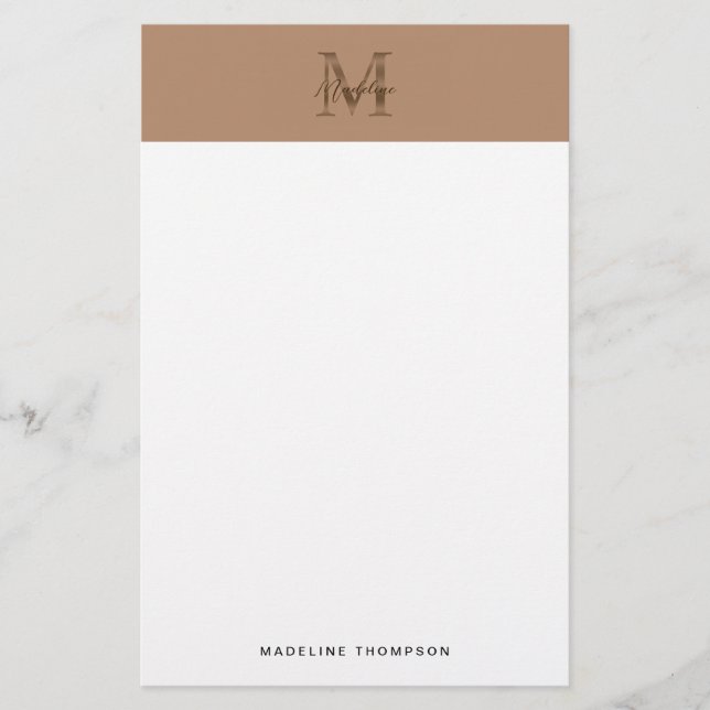 Minimalist Script Metallic Taupe Gold Monogram Brevpapper (Framsida)