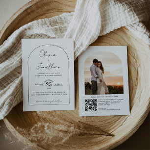 Minimalist Script QR Code Arch Frame Photo Wedding Inbjudningar