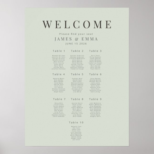Minimalist Seating Plan(10) Pale Sage Poster (Framsidan)