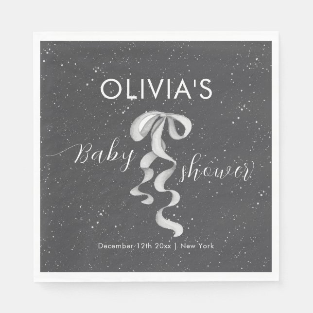 Minimalist Silver Bow Winter Snow Baby Shower  Pappersservett (Framsidan)