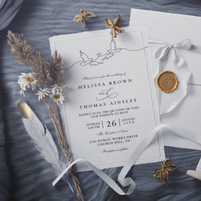Minimalist Simple Lovely Dove Chic QR Code Wedding Inbjudningar (Skapare uppladdad)