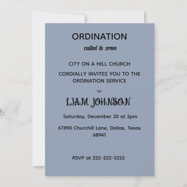 Minimalist Slate Blue Ordination Invitation Inbjudningar (Framsida)