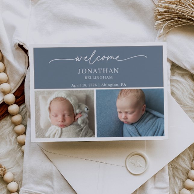 Minimalist Slate Blue Photo Baby Announcement Card Inbjudningar (Skapare uppladdad)