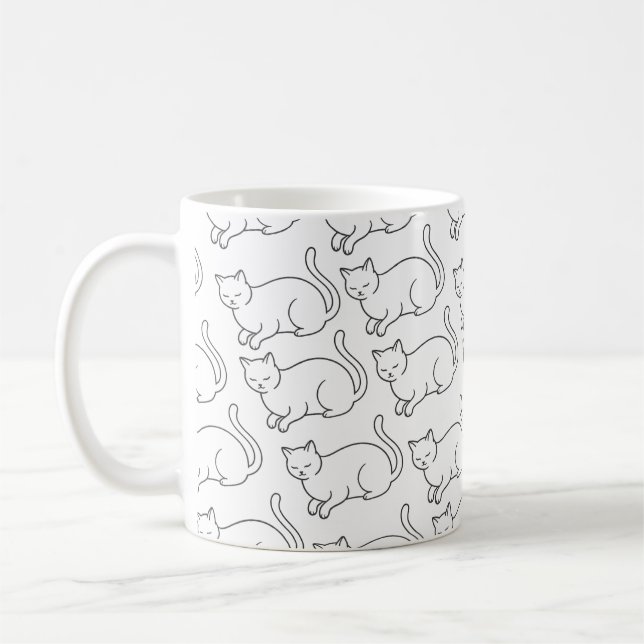 Minimalist Sleepy Cat Pattern Mug | Hand-Drawn Cer Kaffemugg (Vänster)