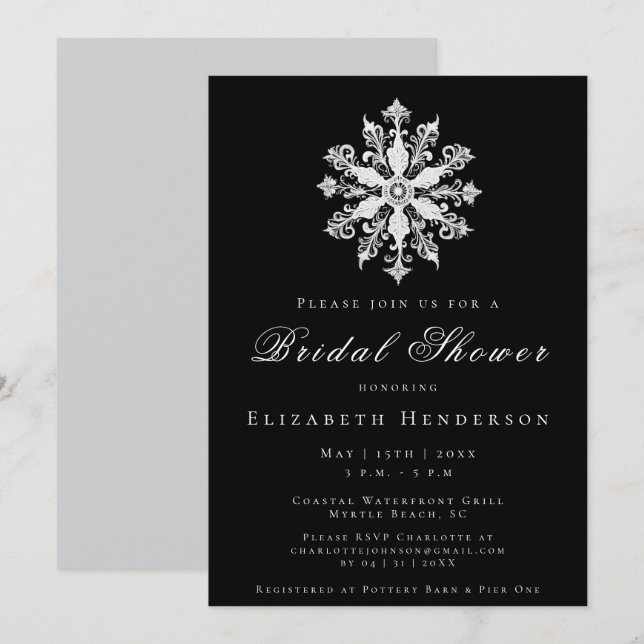 Minimalist Snowflake Bridal Shower | Black Inbjudningar (Fram/baksida)