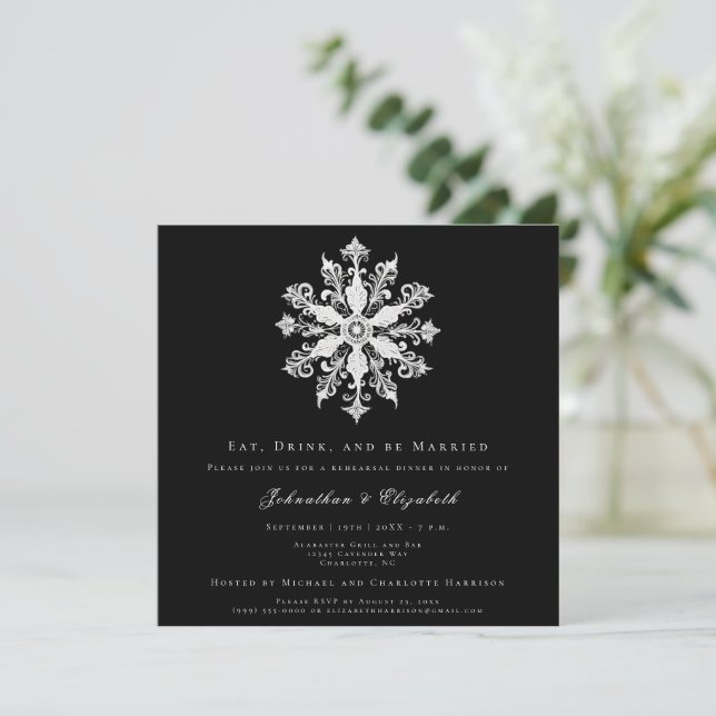 Minimalist Snowflake Rehearsal Dinner | Black Inbjudningar (Stående Fram)