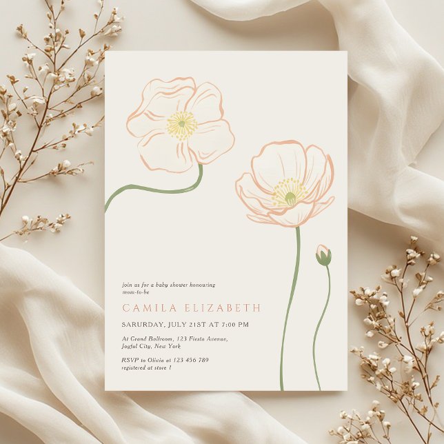 Minimalist Soft Peach Poppy Wildflower Baby Shower Inbjudningar (Skapare uppladdad)