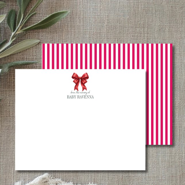 Minimalist Striped Ruby Bow Cute Nursery Note Card Anteckningskort (Skapare uppladdad)