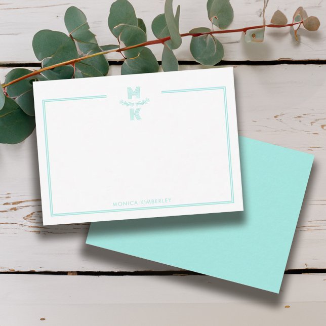 Minimalist Teal Two Border Monogram Note Card Anteckningskort (Minimalist Teal Two Border Monogram Note Card)