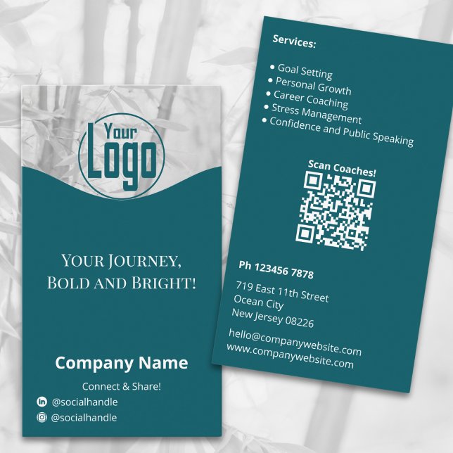 Minimalist Teal White Life Coach Company Visitkort (Minimalist Teal White Life Coach Company Business Card, Portrait Format, QR code, Service List)