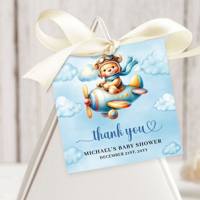 Minimalist Teddy Bear Pilot Airplane Blue Brown   Gåvor Etiketter (Minimalist Teddy Bear Pilot Airplane Blue Brown Baby Shower Favor Tag

)