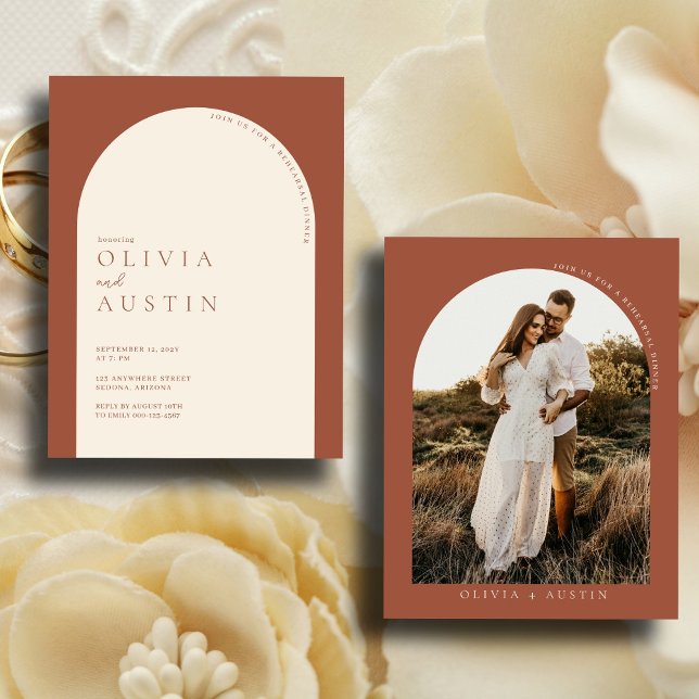 Minimalist Terracotta Arch Photo Rehearsal Middag Inbjudningar (Skapare uppladdad)