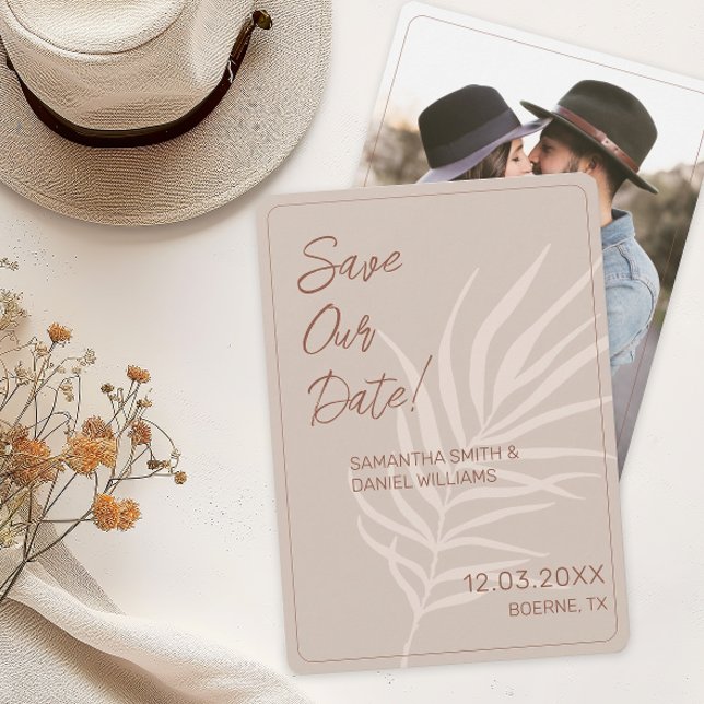 Minimalist Terracotta Boho Bröllop Photo Inbjudningar (Boho Terracotta Save Our Date Cards)
