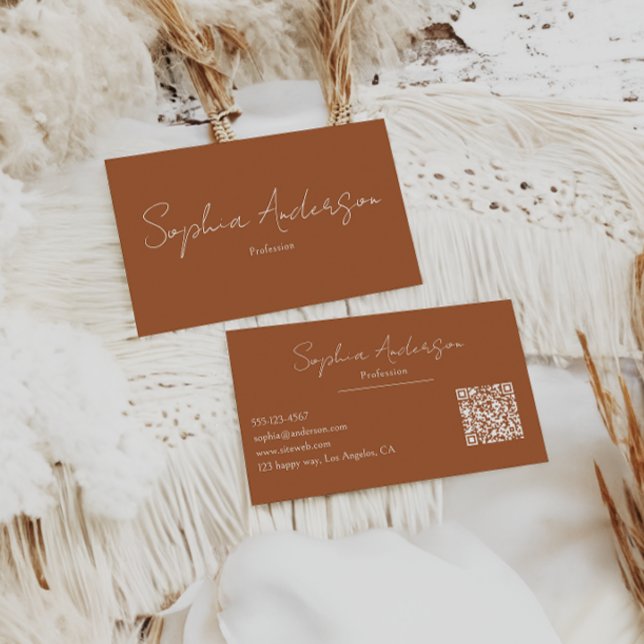 Minimalist Terracotta Modern Script Qr Code        Visitkort (Skapare uppladdad)