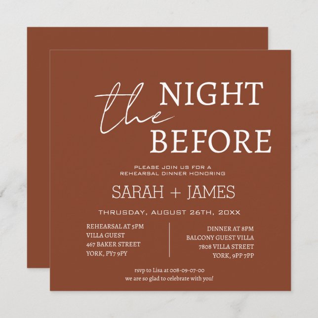 Minimalist Terracotta Rehearsal Dinner Bröllop Inbjudningar (Fram/baksida)