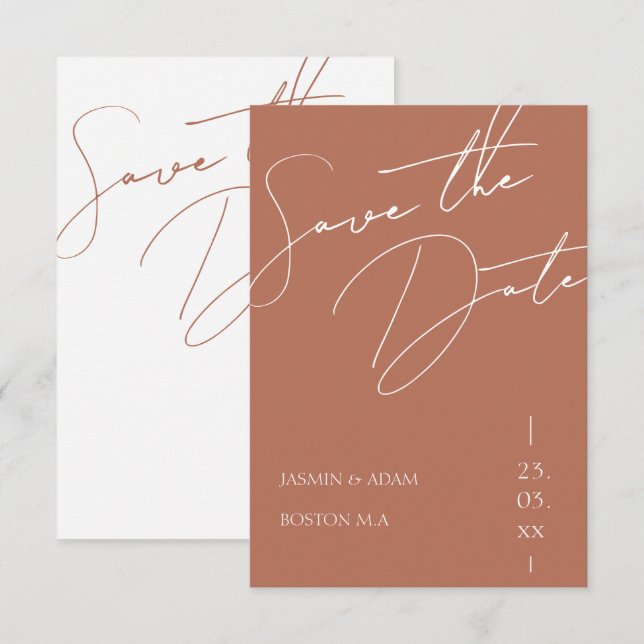 Minimalist Terrakotta Script Typografi Bröllop Spara Datumet (Fram/baksida)