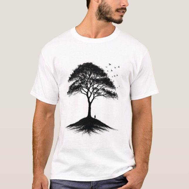 Minimalist Träd och Birds T-Shirt | (Framsida)
