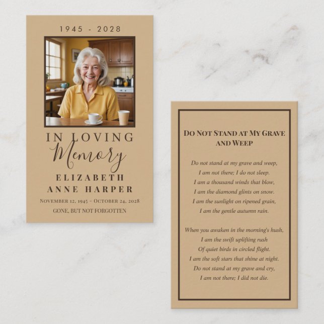 Minimalist Warm Sand Photo Funeral Card Visitkort (Fram/baksida)