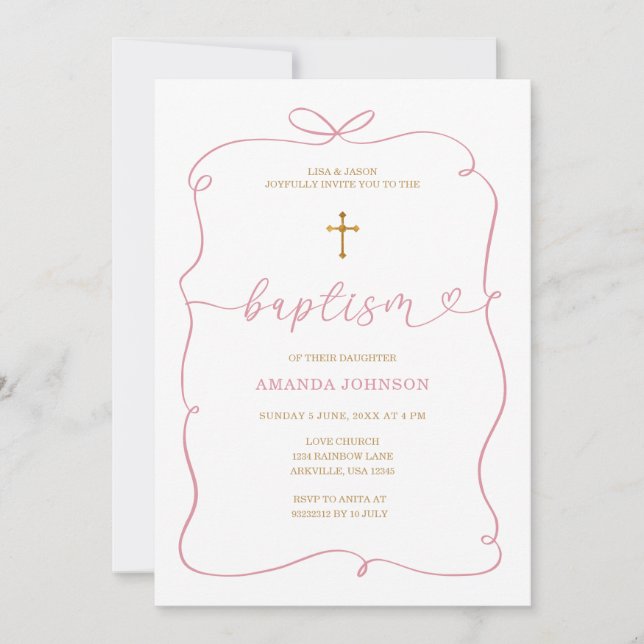 Minimalist Watercolor Girl Christening Baptism Inbjudningar (Framsida)
