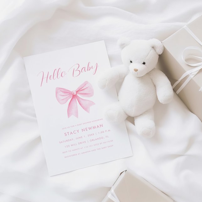 Minimalist Watercolor Pink Bow Baby Shower Inbjudningar (Skapare uppladdad)