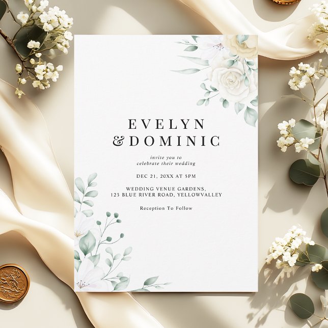 Minimalist Watercolour Floral White Rose Wedding Inbjudningar (Skapare uppladdad)