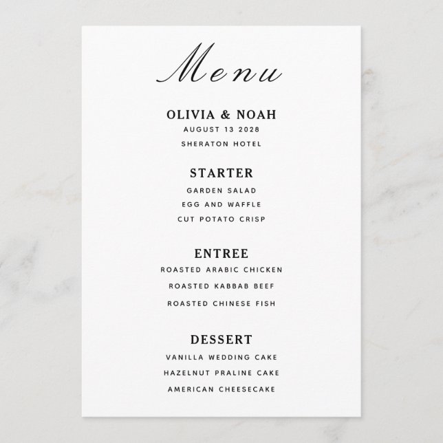 Minimalist Wedding Black & White Menu Card  Meny (Framsida)