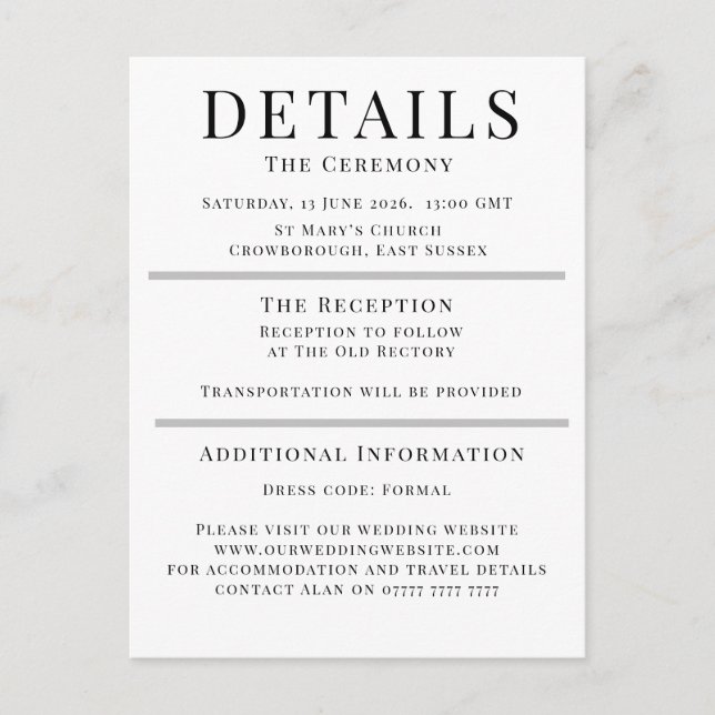 Minimalist Wedding Details Card | Elegant Editable Rådkort (Framsida)