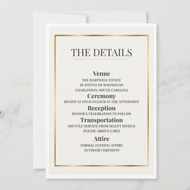 Minimalist Wedding Details Card – Gold Border Inbjudningar (Framsida)