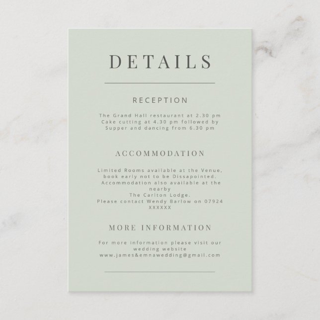 Minimalist Wedding Details Pale Sage Tilläggskort (Framsida)