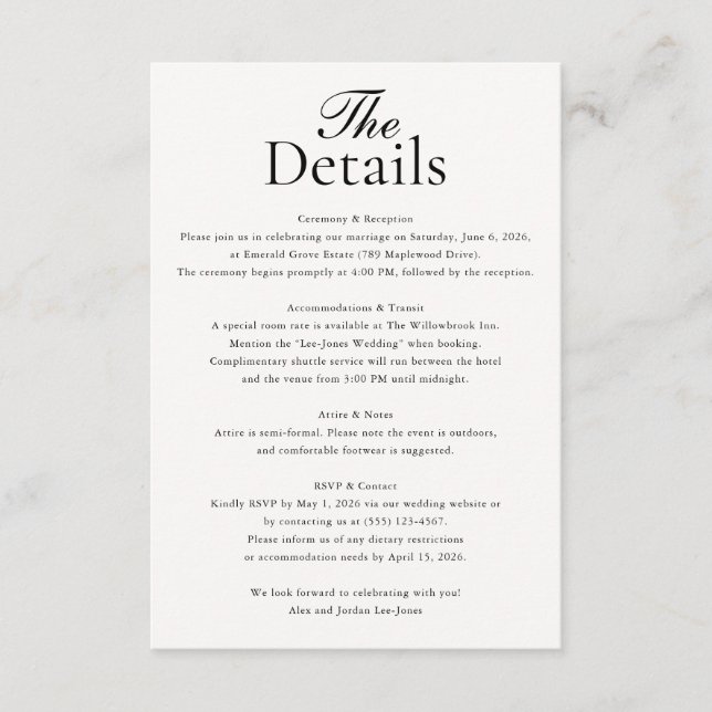 Minimalist Wedding Details Photo White Tilläggskort (Framsida)