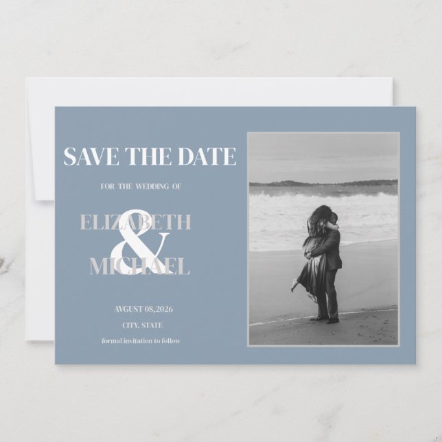 Minimalist Wedding Dusty Blue Photo Save The Date Spara Datumet (Framsida)