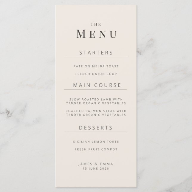 Minimalist Wedding Menu Soft Beige Meny (Framsida)