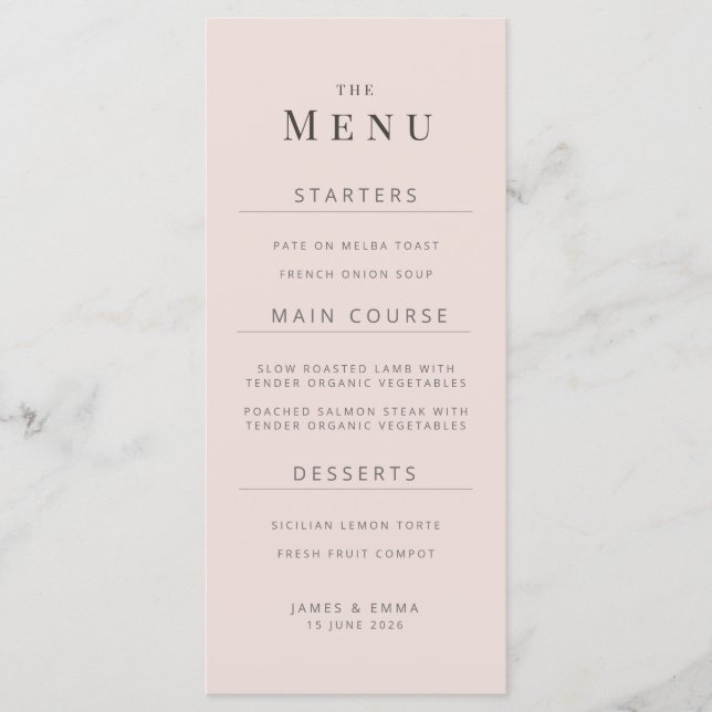 Minimalist Wedding Menu | Warm Blush Meny (Framsida)