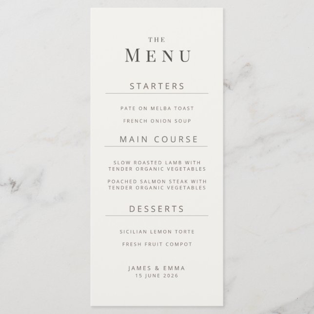 Minimalist Wedding Menu | Warm White Meny (Framsida)