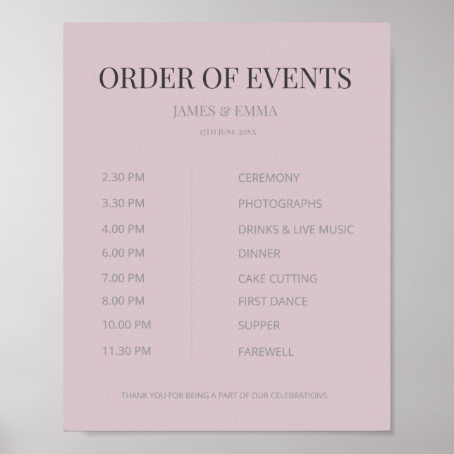 Minimalist Wedding Order of Events Dusky Rose Poster (Framsidan)