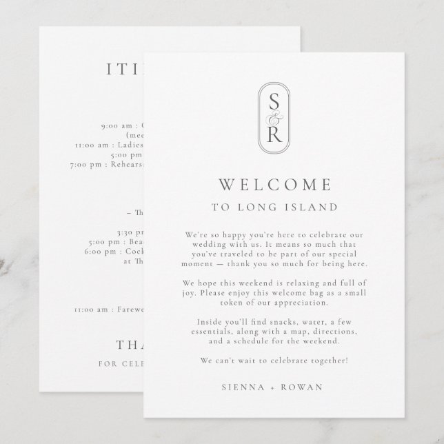 Minimalist Wedding Program Card with Monogram (Fram/baksida)