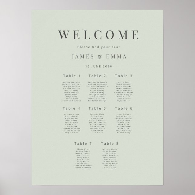 Minimalist Wedding Seating Plan(8) Pale Sage Poster (Framsidan)