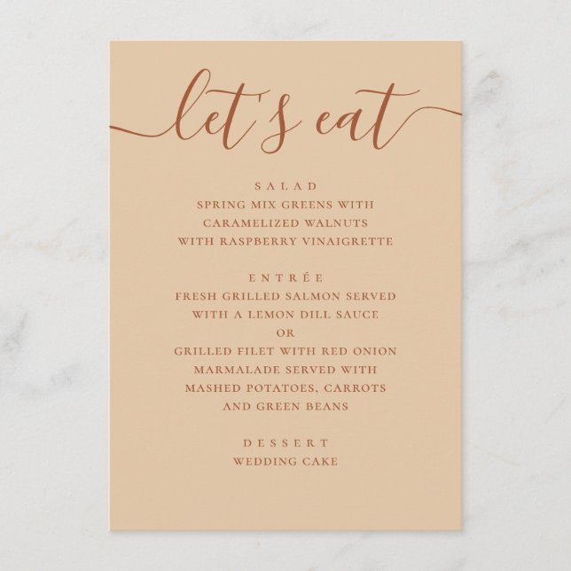 Minimalist Wedding | Warm Peach Sand Modern Dinner Meny (Framsida)