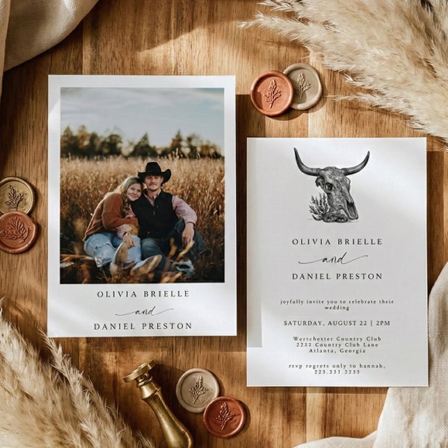 Minimalist Western Cow Skull Rustic Photo Wedding Inbjudningar (Skapare uppladdad)