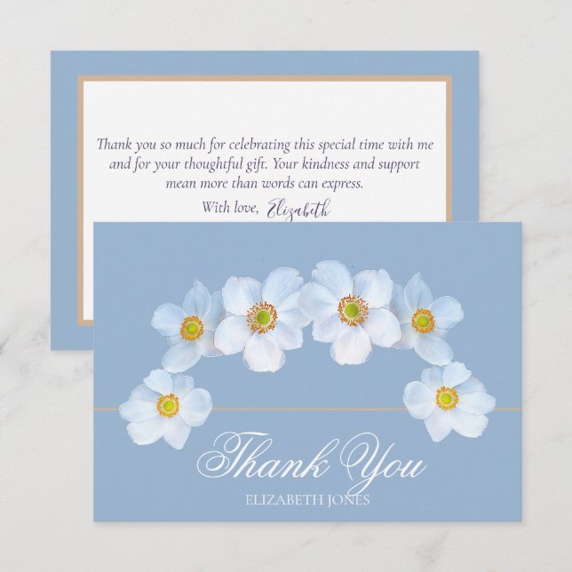 Minimalist White Anemone Bridal Shower Thank You Tack Kort (Fram/baksida)