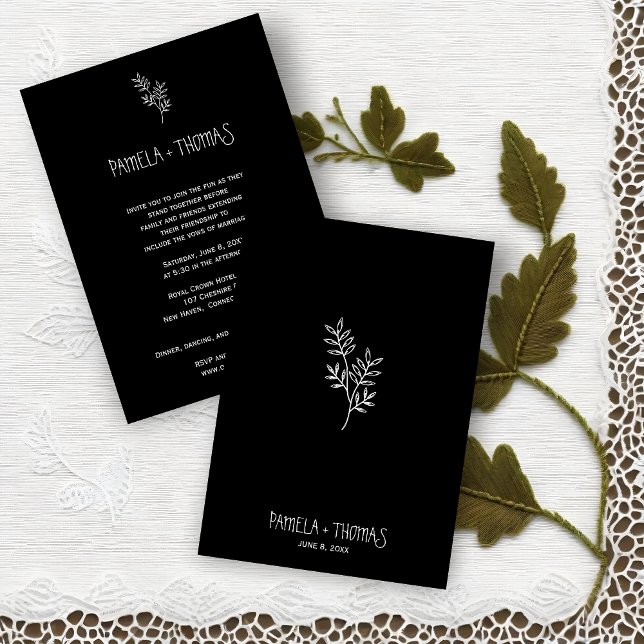 Minimalist White branches and Leaves for Wedding Inbjudningar (Boho Chic Wedding Announcement. Modern Script. Black & White Floral.)