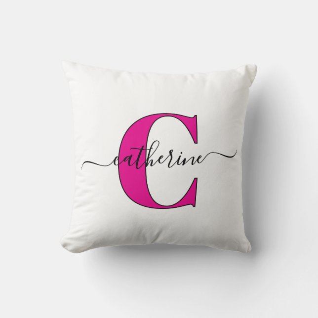 Minimalist White Pink Monogram Name Stylish Script Kudde (Framsida)