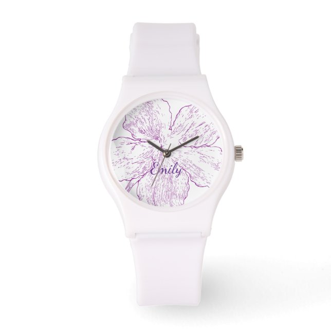 Minimalist White Silicone Purple Floral Artistic Armbandsur (Framsida)
