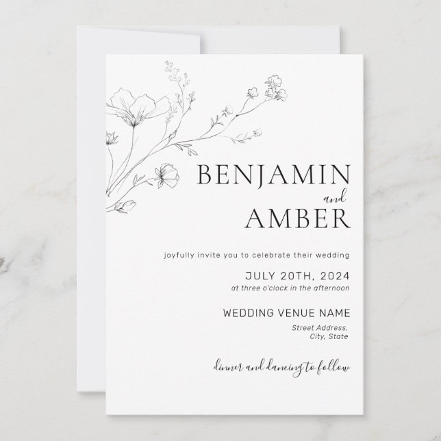 Minimalist Wildblomma Lineart Teckning Boho Bröllo Inbjudningar (Framsida)