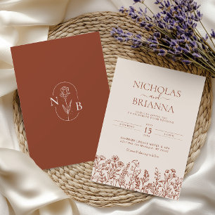 Minimalist Wildblomma Terracotta Bröllop Monogram Inbjudningar