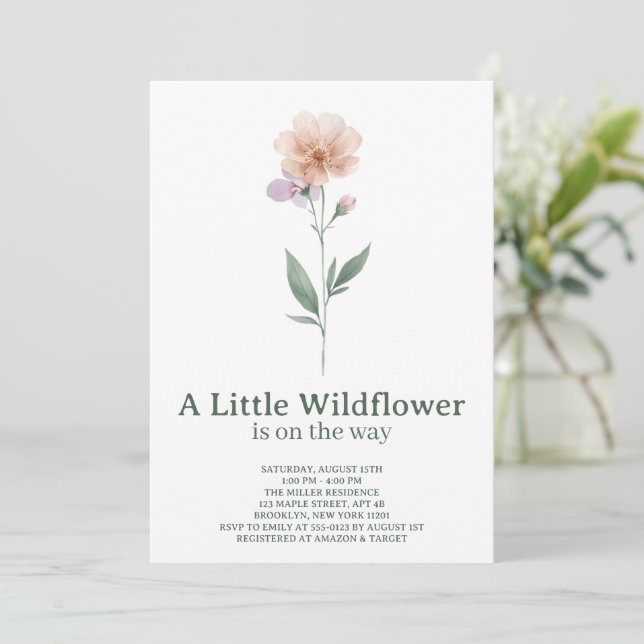 Minimalist Wildflower Baby Shower Invitation Inbjudningar (Stående Fram)