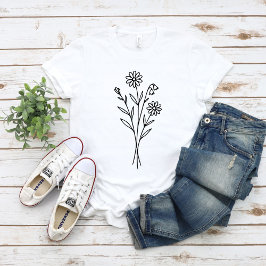 Minimalist Wildflower Botanical Bouquet Line Art T Shirt