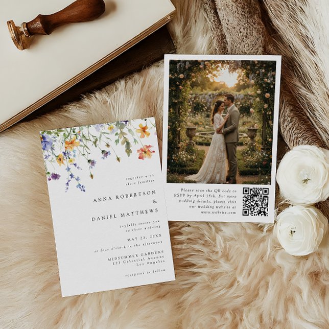 Minimalist Wildflower QR Code  Photo Wedding Invit Inbjudningar (Skapare uppladdad)